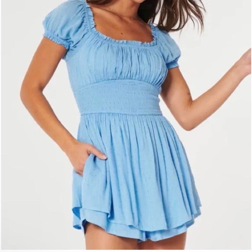 Sky Blue Puff Sleeve Romper Smocked Cottagecore Coquette Size S Easter Eyelet